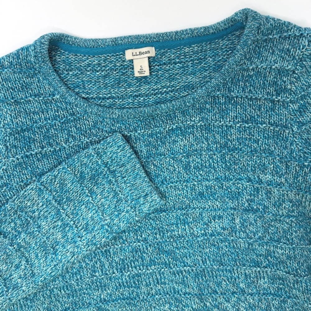 LL Bean Womens Small Teal Blue Marled 100% Cotton Textured Crewneck Sweater